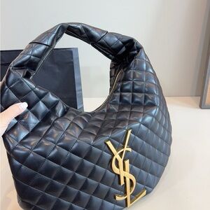 Yves Saint Laurent Black Quilted Leather Hobo with Gold YSL Emblem